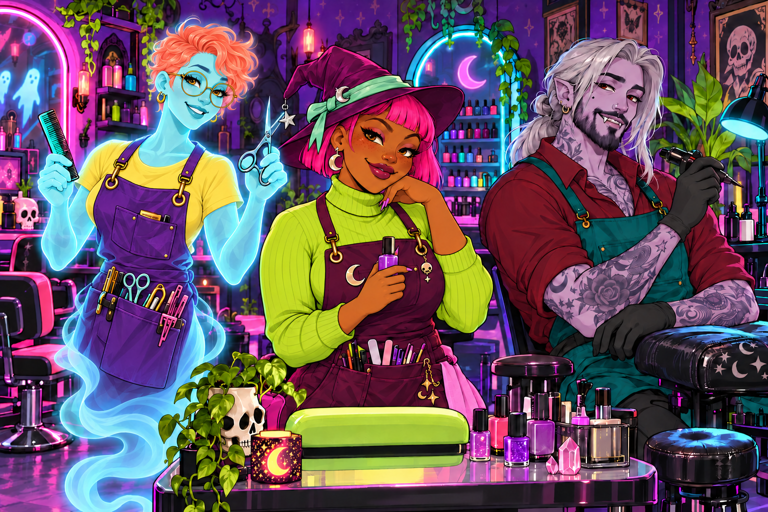 Original cartoon girl ghost hairstylist, pink-haired witch nail artist, and silver-haired vampire tattoo artist in a colorful spooky salon